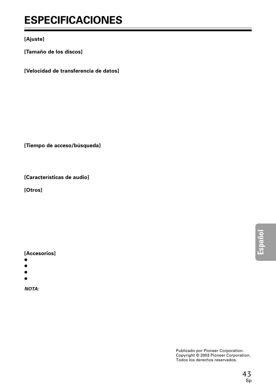 Especificaciones, Espa ñ ol | Pioneer DVR-A06U User Manual | Page 43 / 60