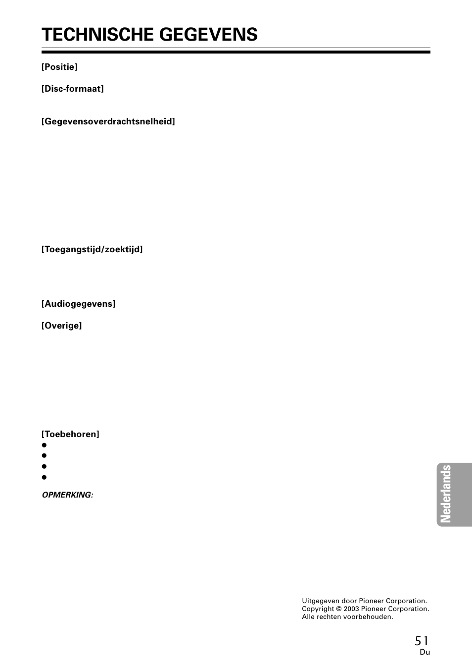 Technische gegevens, Nederlands | Pioneer DVR-A06U User Manual | Page 51 / 60