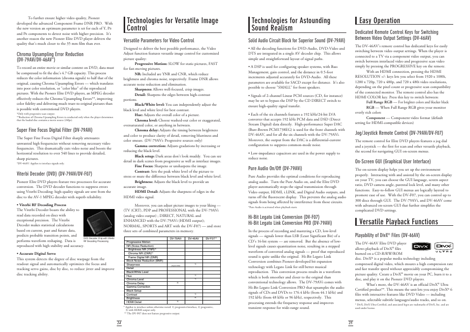 Pure audio on/off (dv-79avi), Jog/joystick remote control (dv-79avi/dv-f07), On-screen gui (graphical user interface) | Playability of divx, Files (dv-46av), Super fine focus digital filter (dv-79avi), Viterbi decoder (dvd) (dv-79avi/dv-f07), Versatile parameters for video control | Pioneer Stereo System User Manual | Page 13 / 26