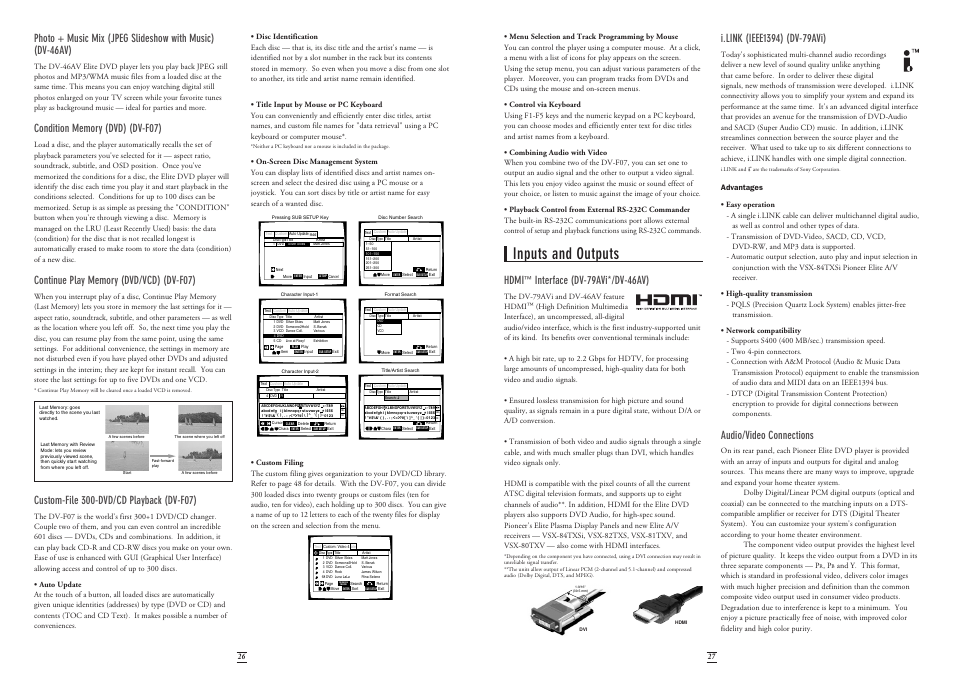 Inputs and outputs, Hdmi, Interface (dv-79avi*/dv-46av) | Audio/video connections | Pioneer Stereo System User Manual | Page 14 / 26