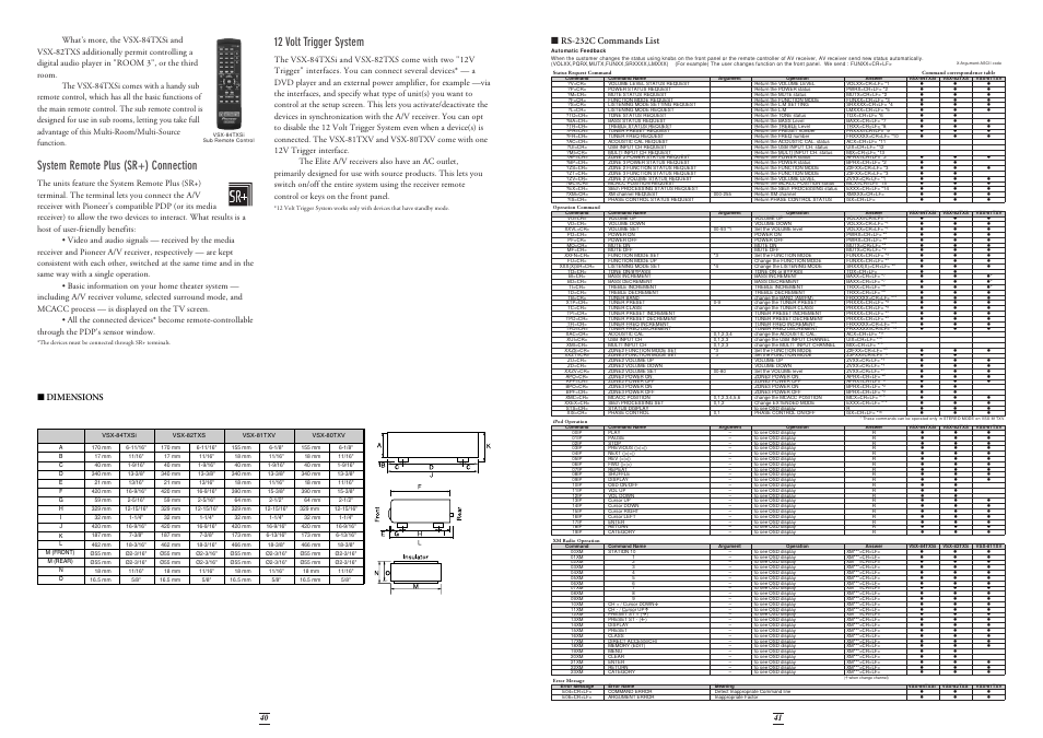 System remote plus (sr+) connection, 12 volt trigger system, Rs-232c commands list | Dimensions | Pioneer Stereo System User Manual | Page 21 / 26