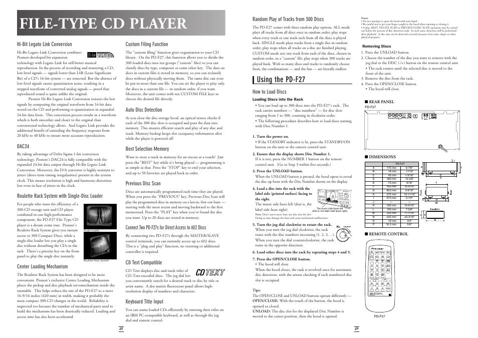 File-type cd player, Using the pd-f27, Random play of tracks from 300 discs | How to load discs, Hi-bit legato link conversion, Dac24, Roulette rack system with single-disc loader, Center loading mechanism, Custom filing function, Auto disc detection | Pioneer Stereo System User Manual | Page 25 / 26