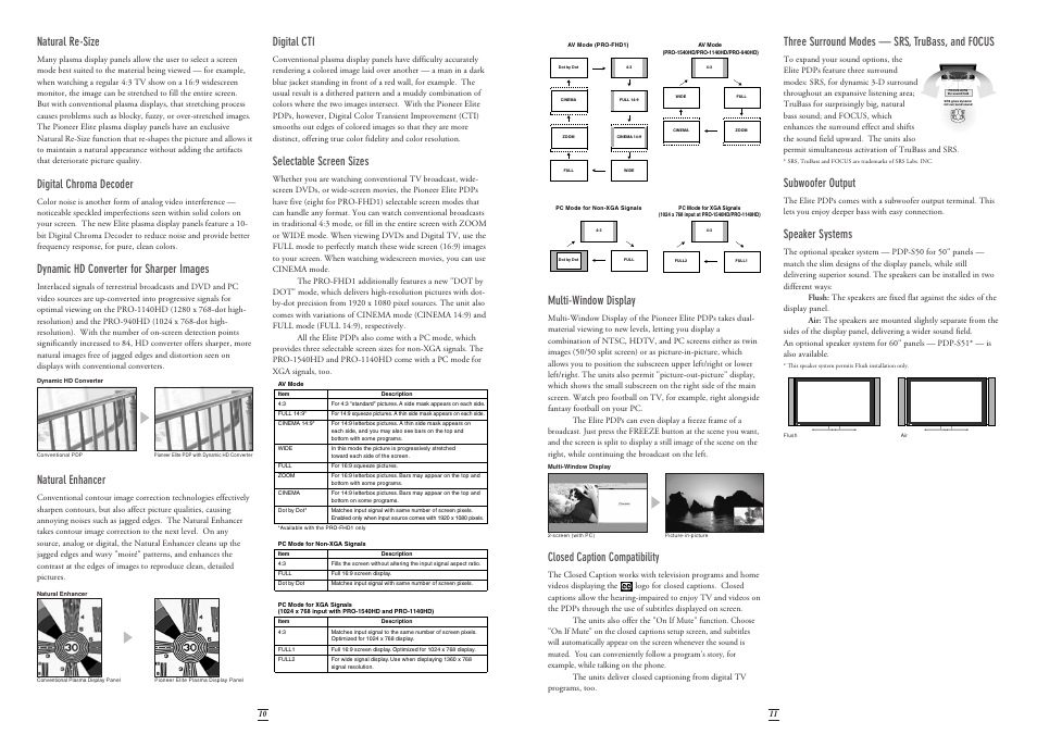 Natural re-size, Digital chroma decoder, Dynamic hd converter for sharper images | Natural enhancer, Digital cti, Selectable screen sizes, Multi-window display, Closed caption compatibility, Three surround modes — srs, trubass, and focus, Subwoofer output | Pioneer Stereo System User Manual | Page 6 / 26