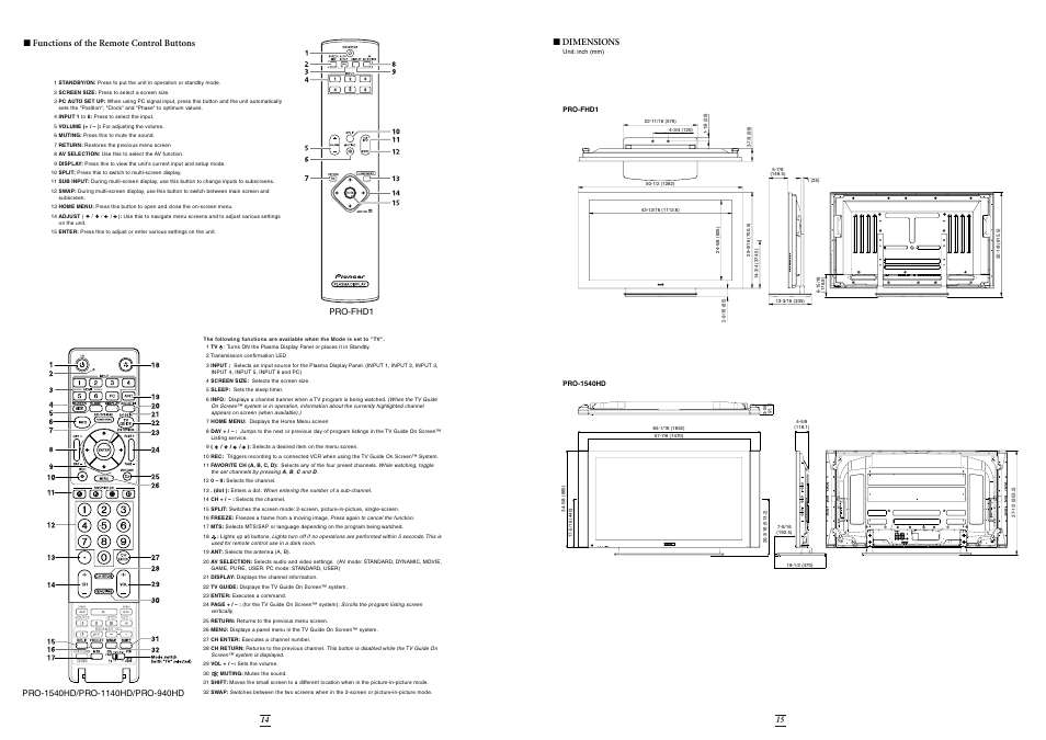 Functions of the remote control buttons, Dimensions | Pioneer Stereo System User Manual | Page 8 / 26