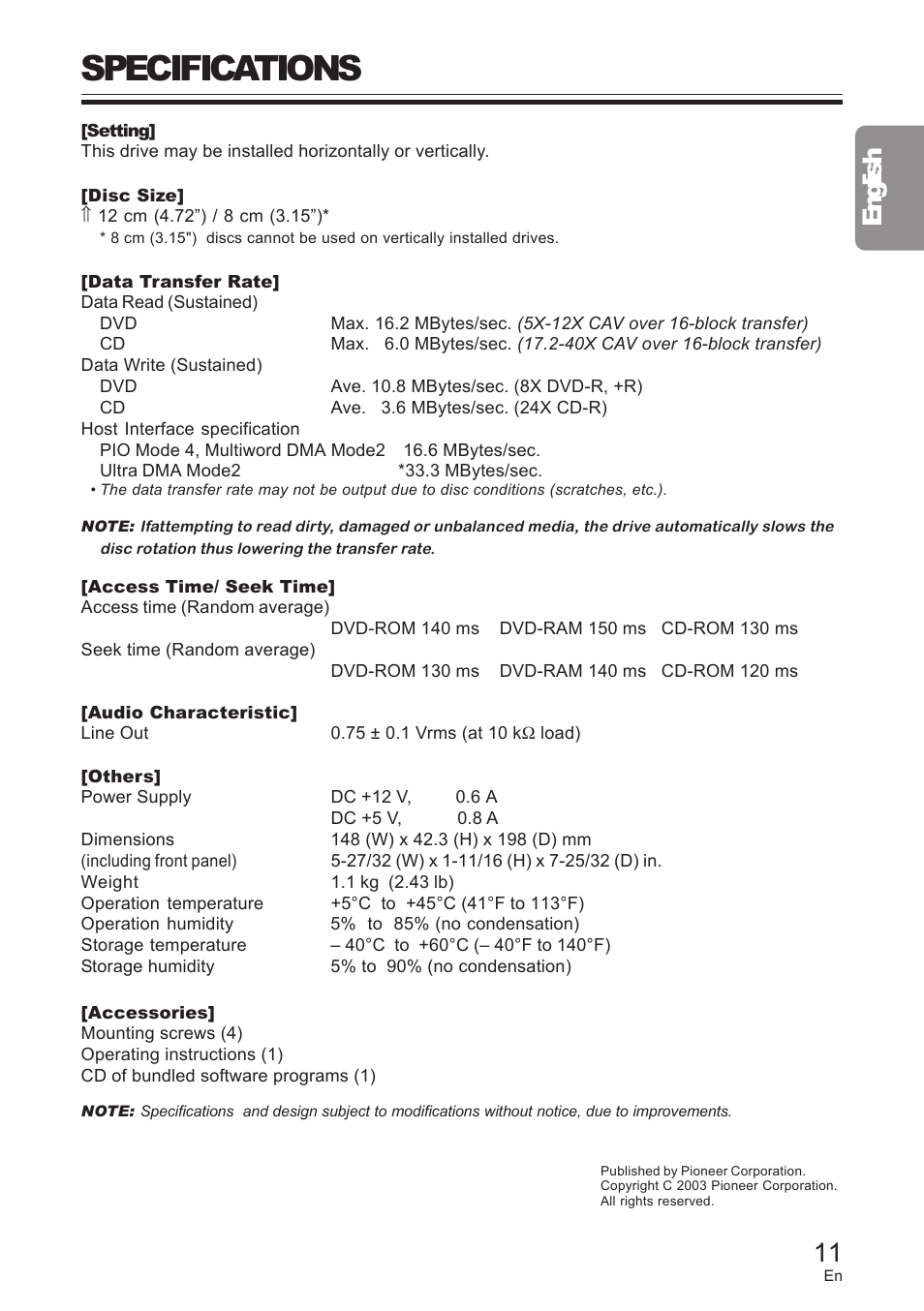 Specifications, 11 english | Pioneer DVD / CD WRITER User Manual | Page 11 / 28