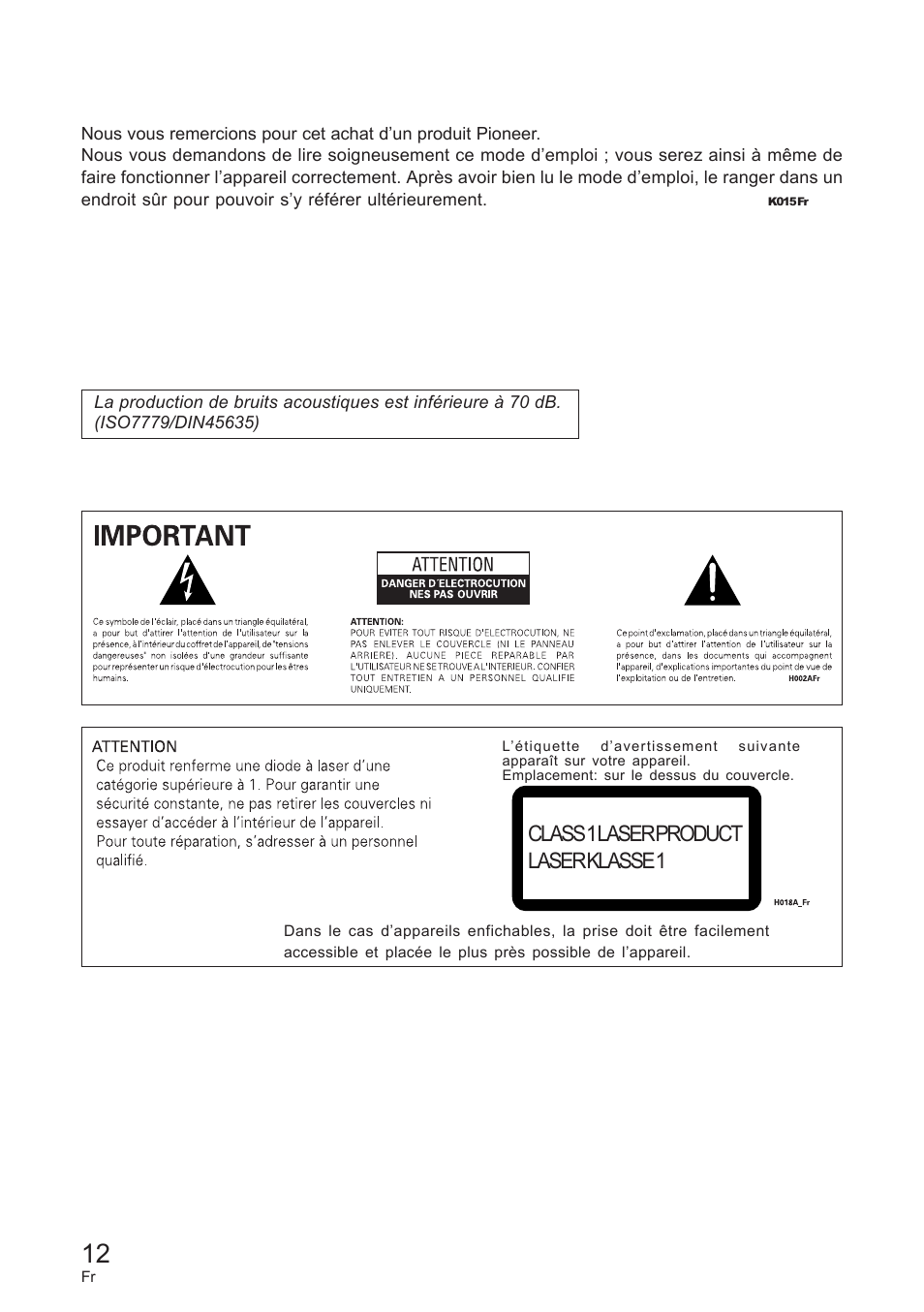 Class 1 laser product laser klasse 1 | Pioneer DVD / CD WRITER User Manual | Page 12 / 28