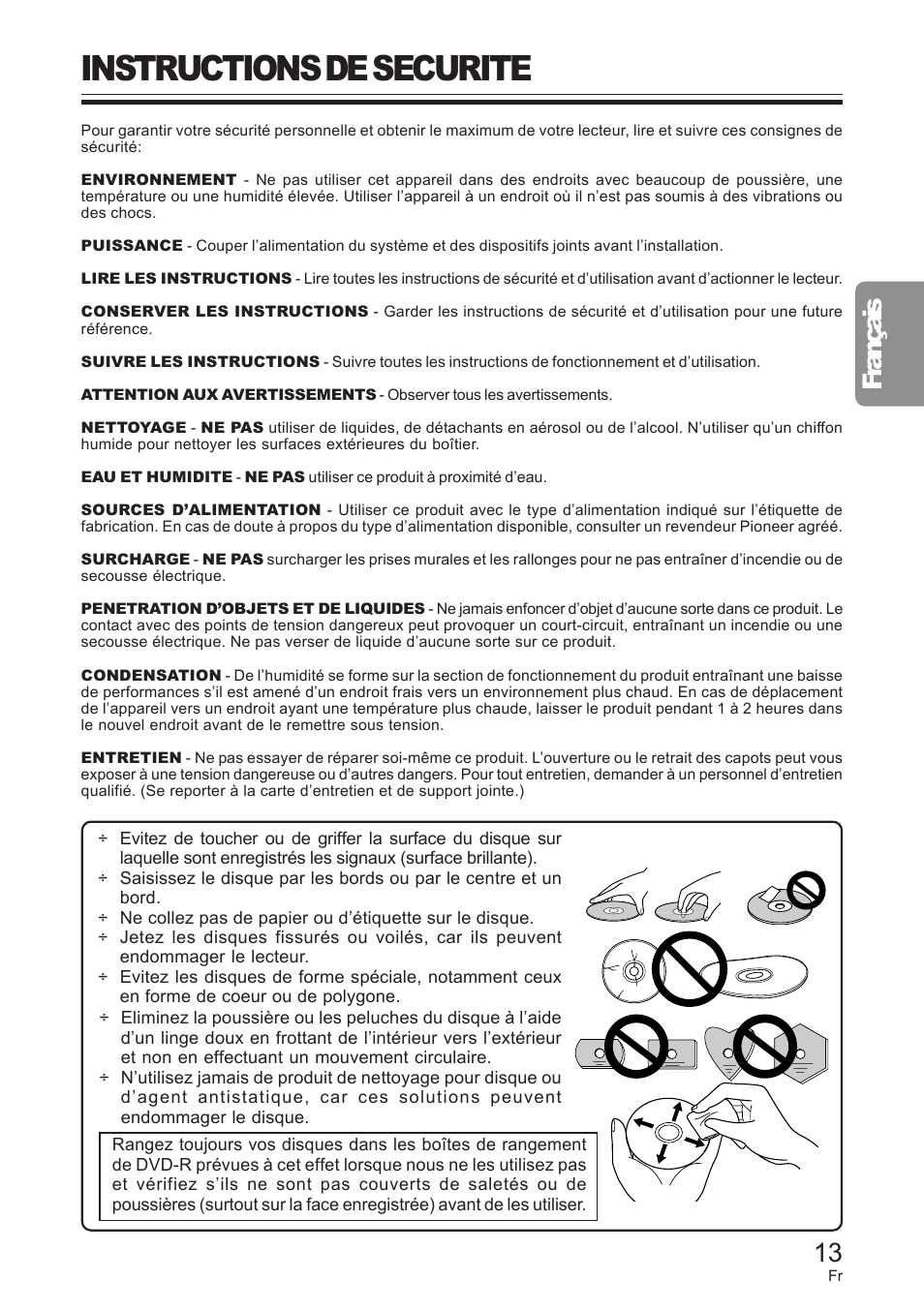 Instructions de securite, Français | Pioneer DVD / CD WRITER User Manual | Page 13 / 28