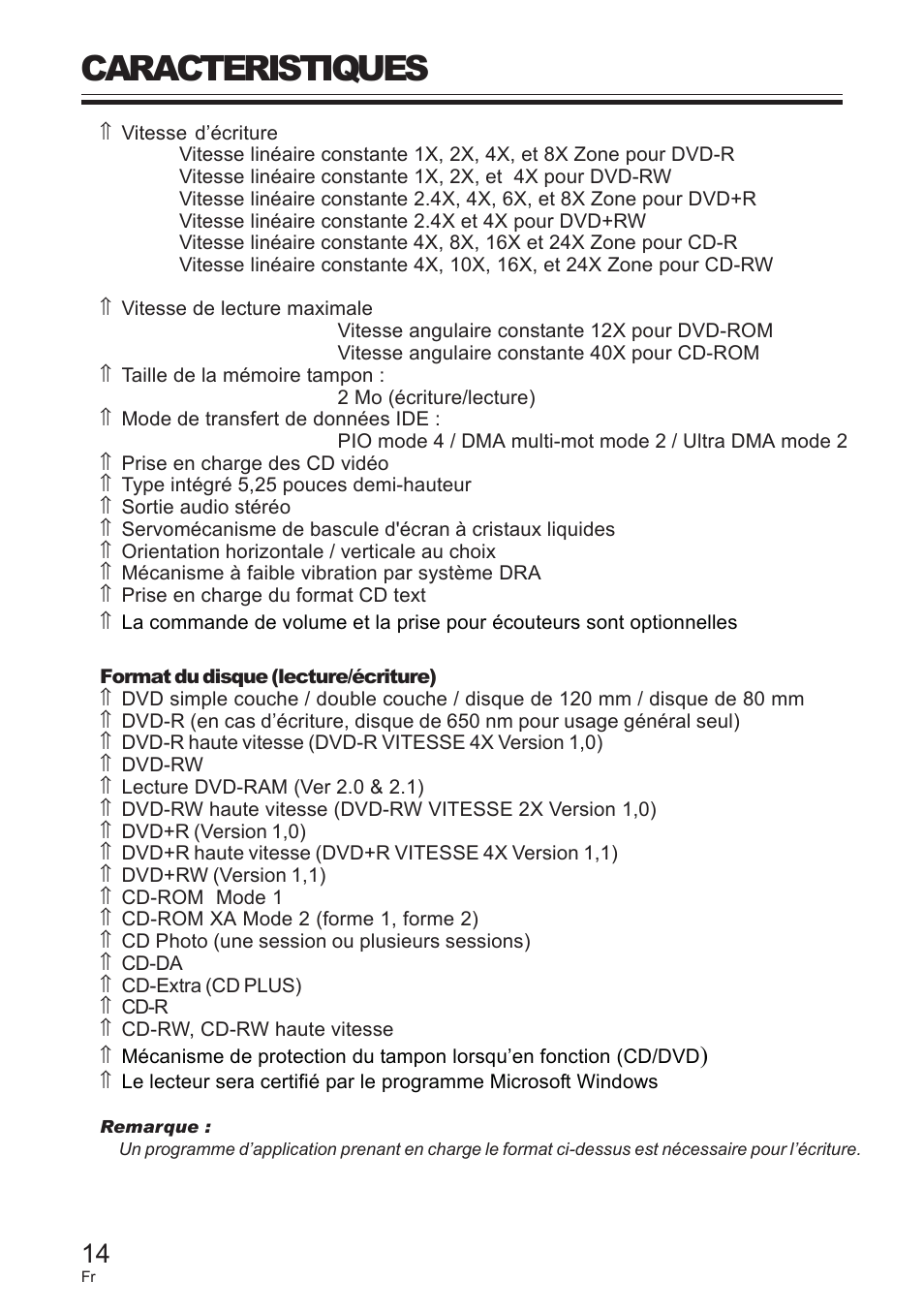 Caracteristiques | Pioneer DVD / CD WRITER User Manual | Page 14 / 28
