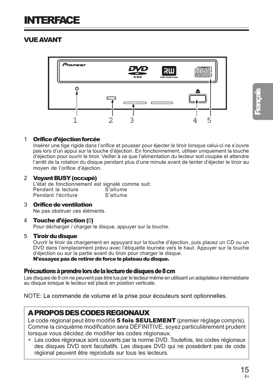 Interface, Français | Pioneer DVD / CD WRITER User Manual | Page 15 / 28