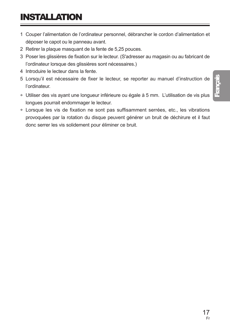 Installation, Français | Pioneer DVD / CD WRITER User Manual | Page 17 / 28