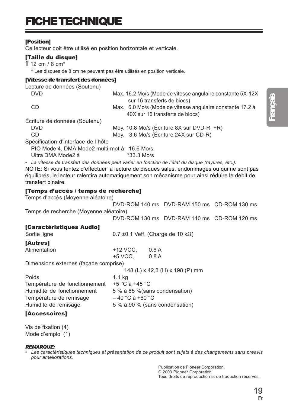 Fiche technique, Français | Pioneer DVD / CD WRITER User Manual | Page 19 / 28