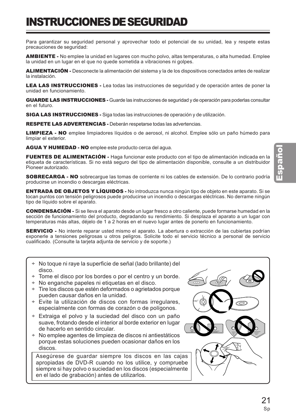 Instrucciones de seguridad, Español, 21 español | Pioneer DVD / CD WRITER User Manual | Page 21 / 28