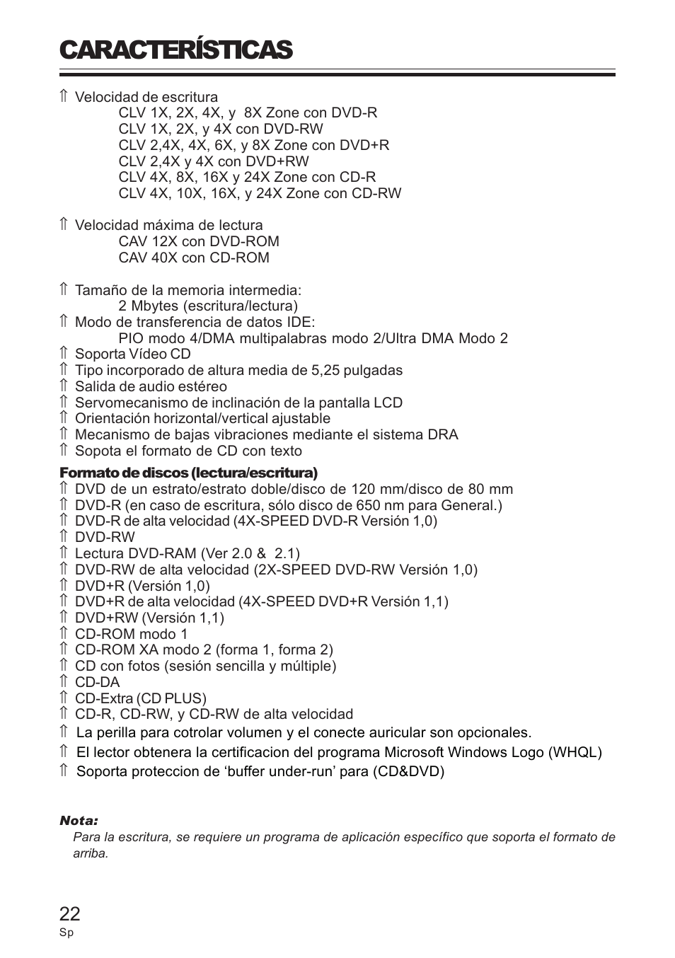 Características | Pioneer DVD / CD WRITER User Manual | Page 22 / 28