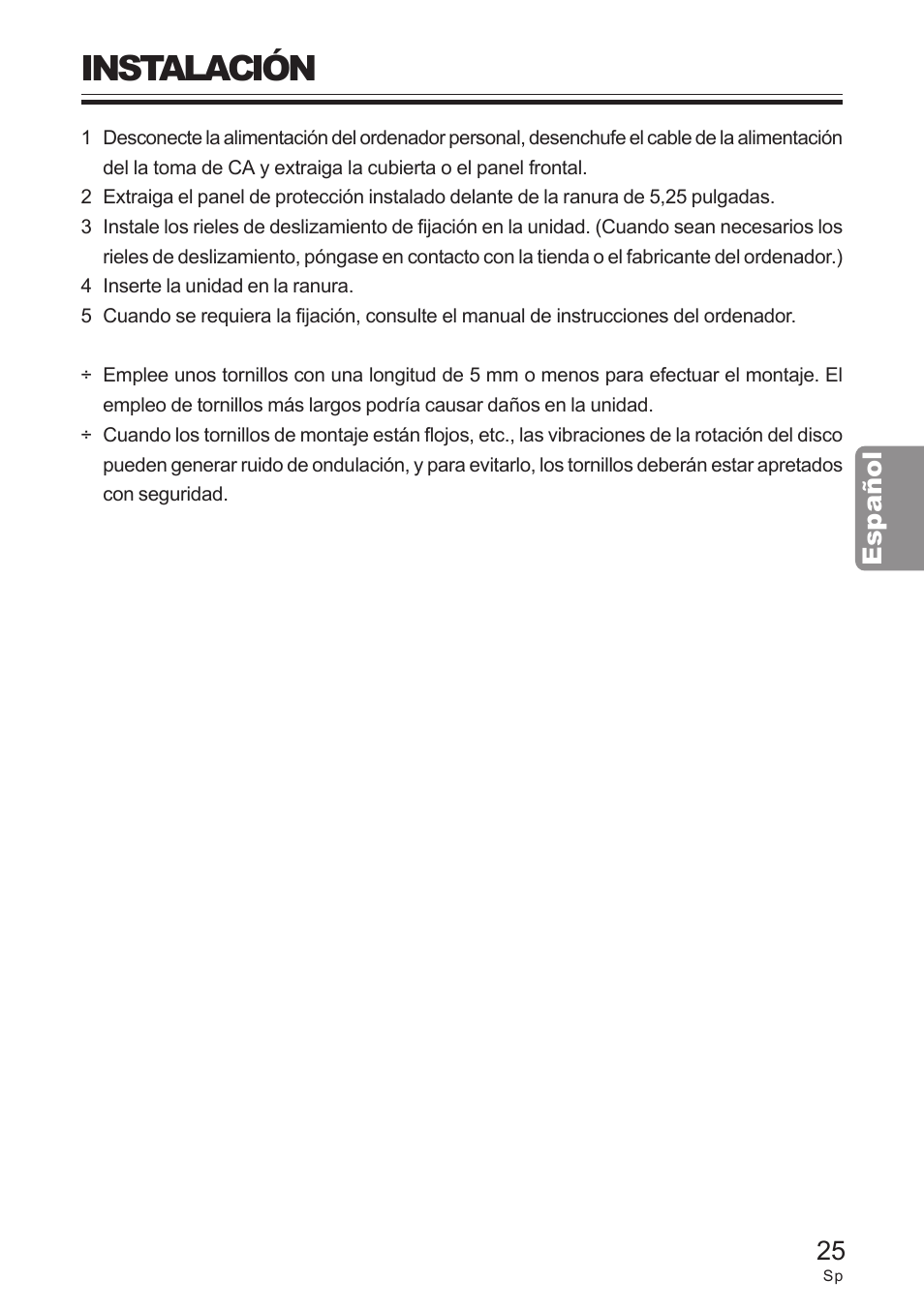 Instalación, Español, 25 español | Pioneer DVD / CD WRITER User Manual | Page 25 / 28