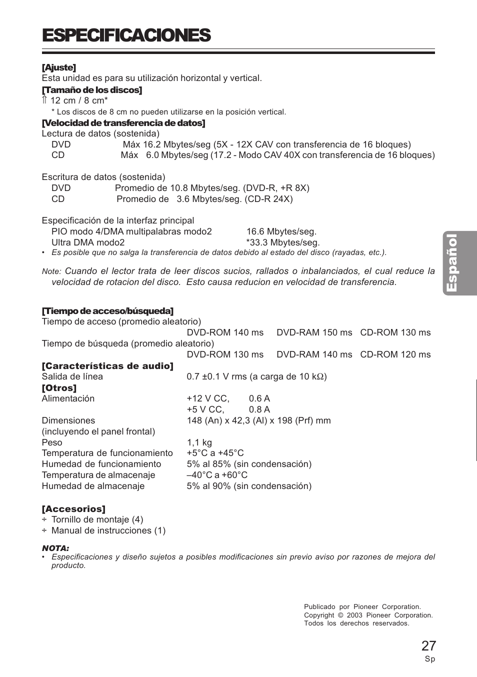 Especificaciones, Español, 27 español | Pioneer DVD / CD WRITER User Manual | Page 27 / 28