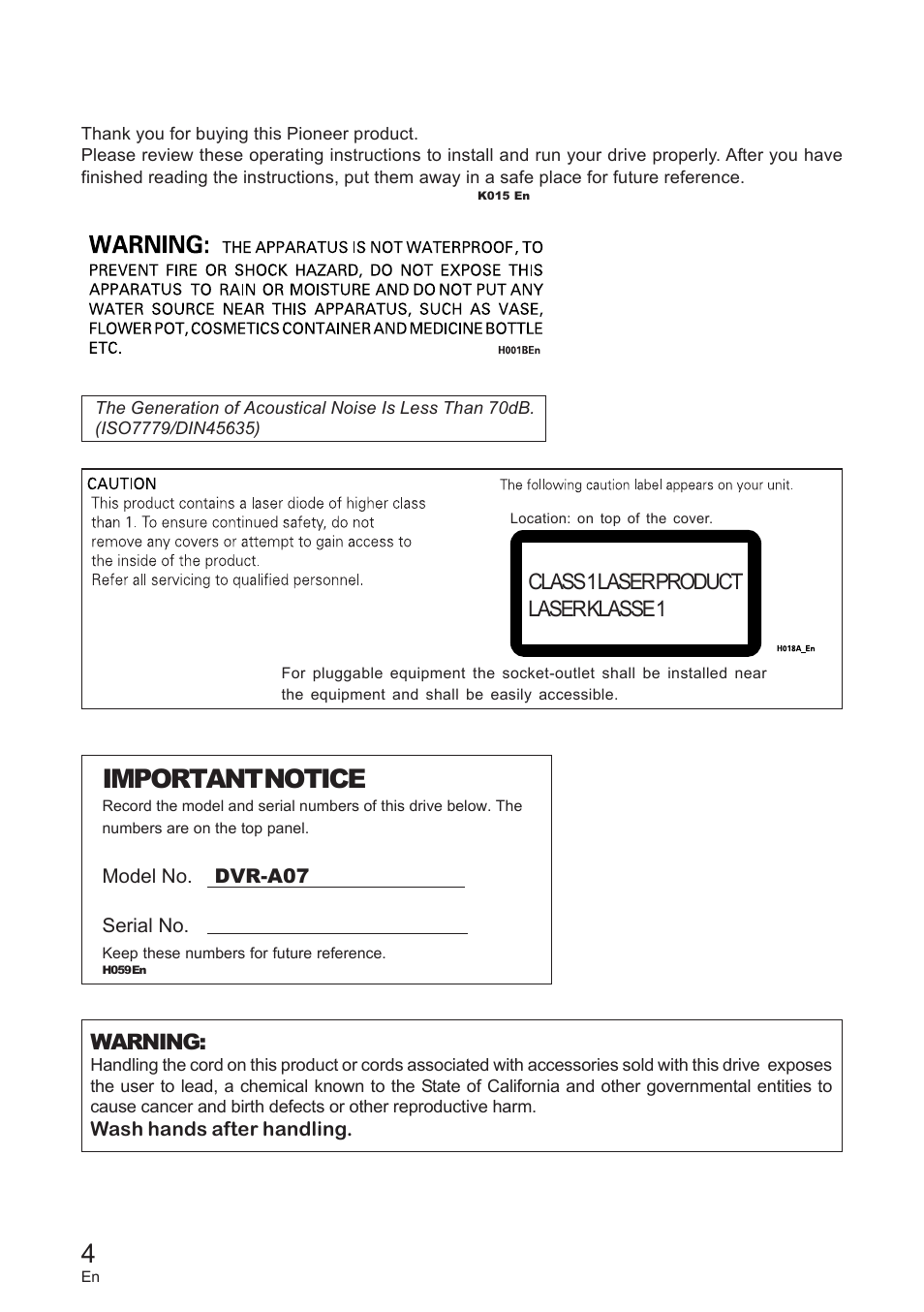 Important notice, Class 1 laser product laser klasse 1 warning | Pioneer DVD / CD WRITER User Manual | Page 4 / 28