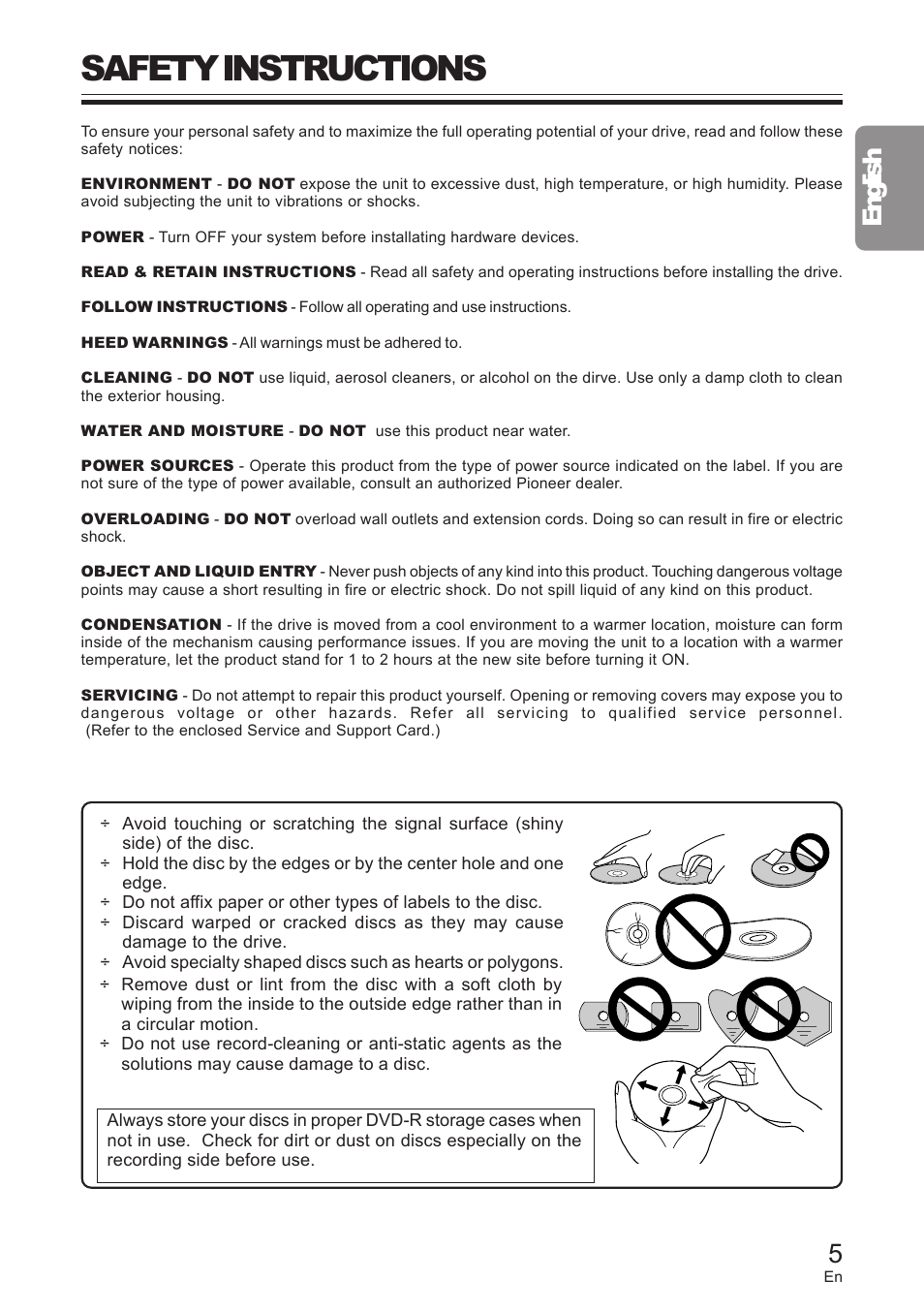 Safety instructions, 5english | Pioneer DVD / CD WRITER User Manual | Page 5 / 28