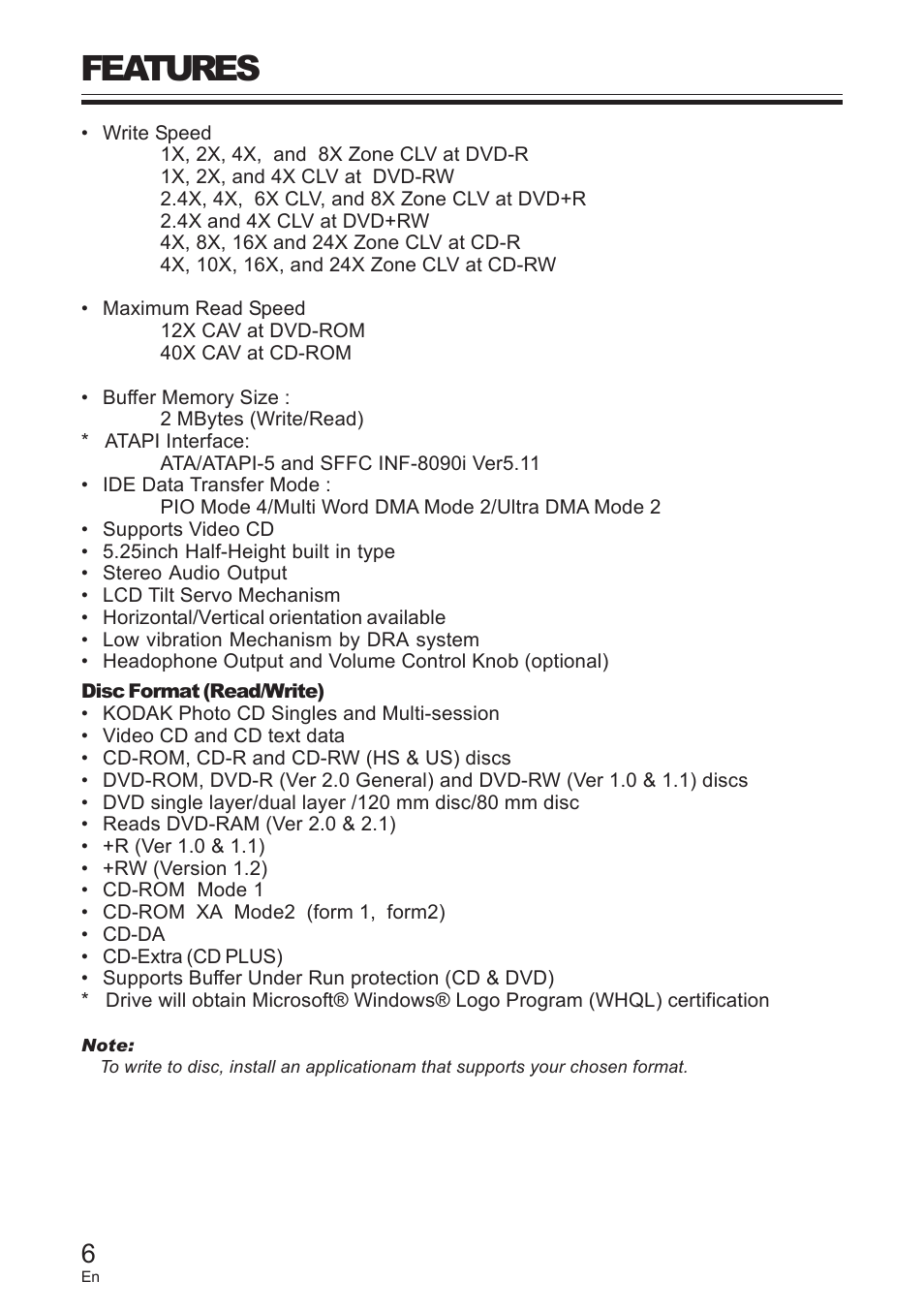 Features | Pioneer DVD / CD WRITER User Manual | Page 6 / 28