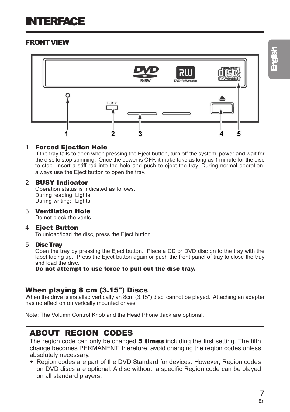 Interface, 7english, About region codes | Pioneer DVD / CD WRITER User Manual | Page 7 / 28