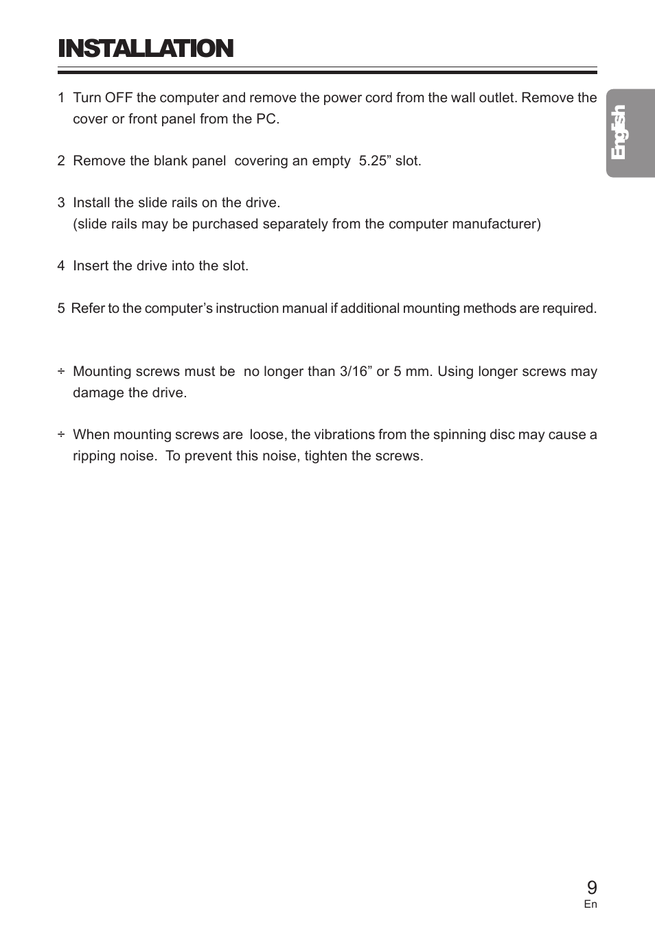Installation, 9english | Pioneer DVD / CD WRITER User Manual | Page 9 / 28