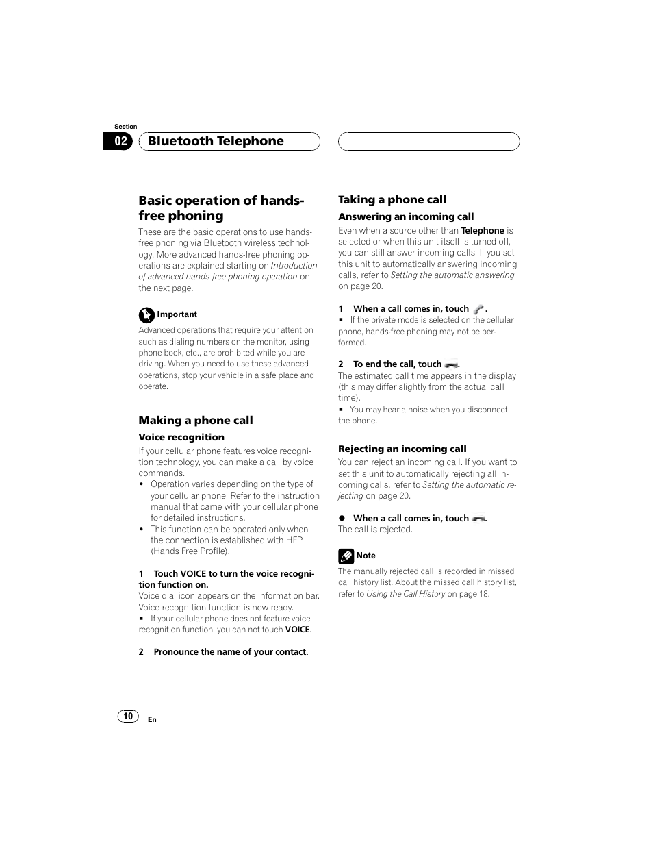 Basic operation of hands- free phoning, Bluetooth telephone | Pioneer CD-BTB100 User Manual | Page 10 / 44