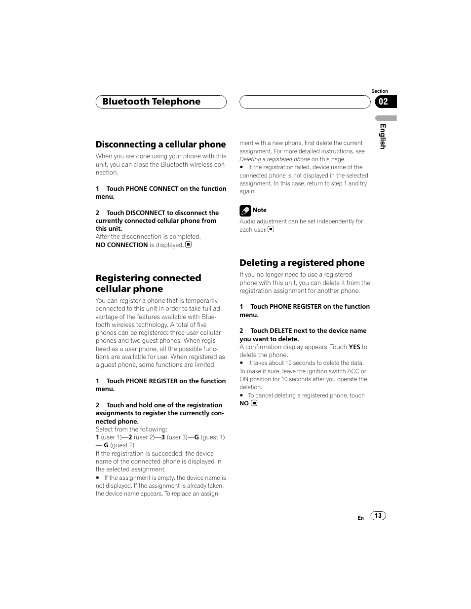 Disconnecting a cellular phone, Registering connected cellular phone, Deleting a registered phone | Bluetooth telephone | Pioneer CD-BTB100 User Manual | Page 13 / 44