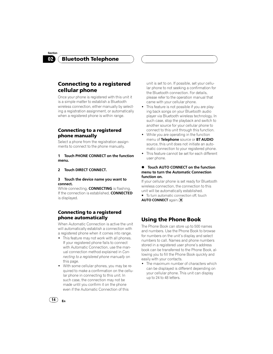 Connecting to a registered cellular phone, Using the phone book, Bluetooth telephone | Pioneer CD-BTB100 User Manual | Page 14 / 44