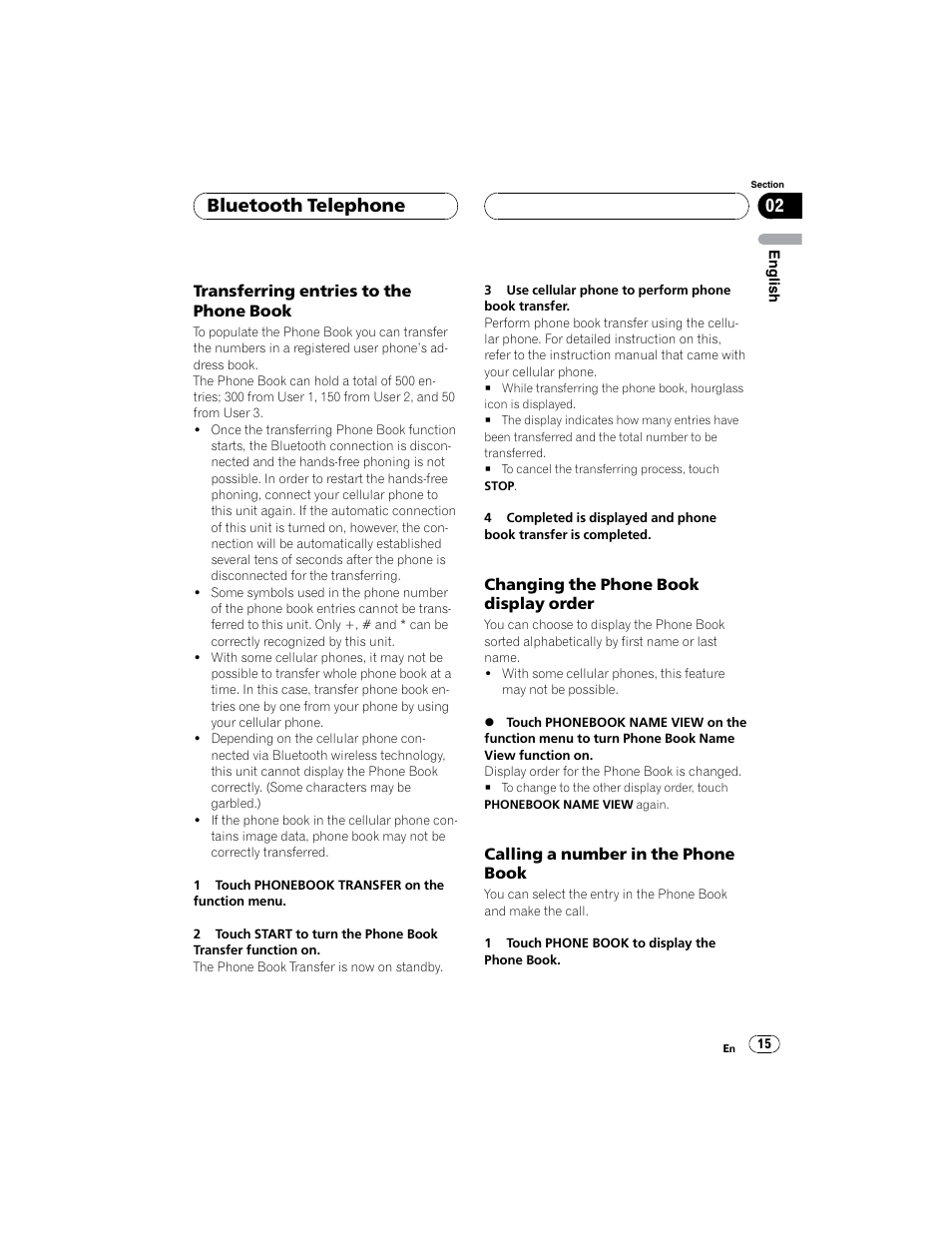 Bluetooth telephone | Pioneer CD-BTB100 User Manual | Page 15 / 44