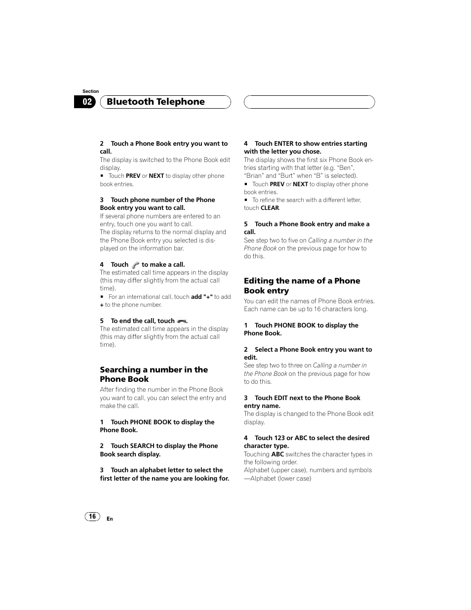 Bluetooth telephone | Pioneer CD-BTB100 User Manual | Page 16 / 44