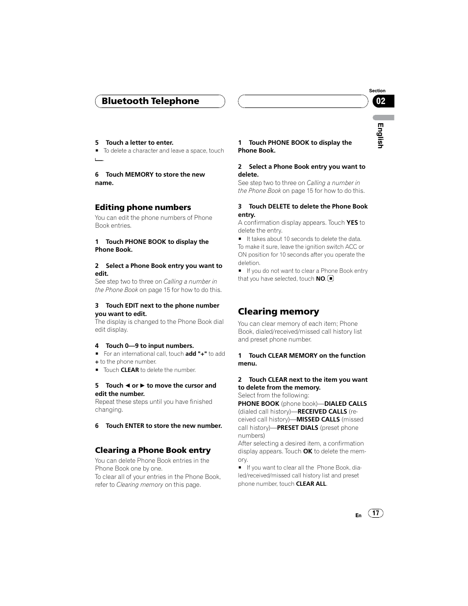 Bluetooth telephone | Pioneer CD-BTB100 User Manual | Page 17 / 44