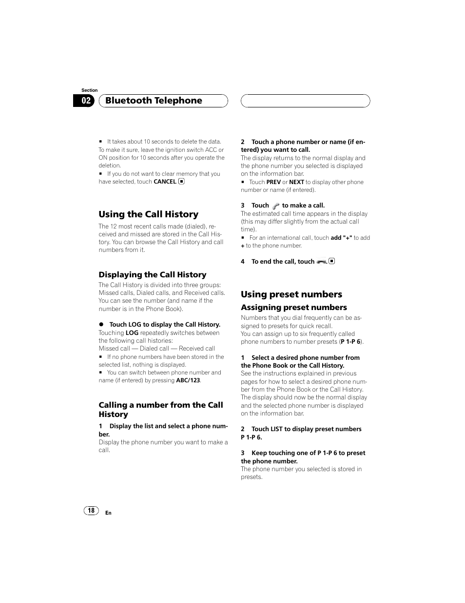 Using the call history, Using preset numbers, Bluetooth telephone | Pioneer CD-BTB100 User Manual | Page 18 / 44
