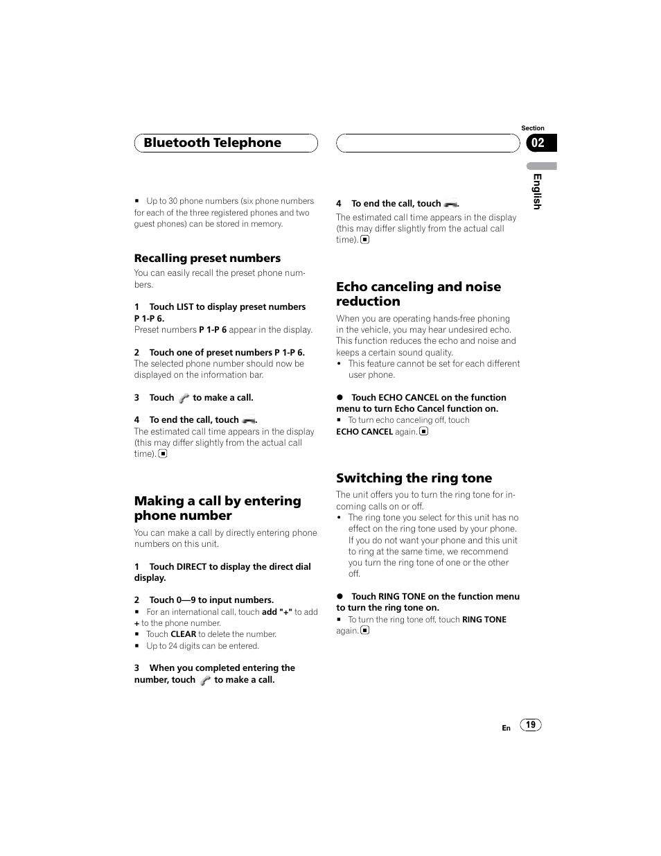 Making a call by entering phone number, Echo canceling and noise reduction, Switching the ring tone | Bluetooth telephone | Pioneer CD-BTB100 User Manual | Page 19 / 44