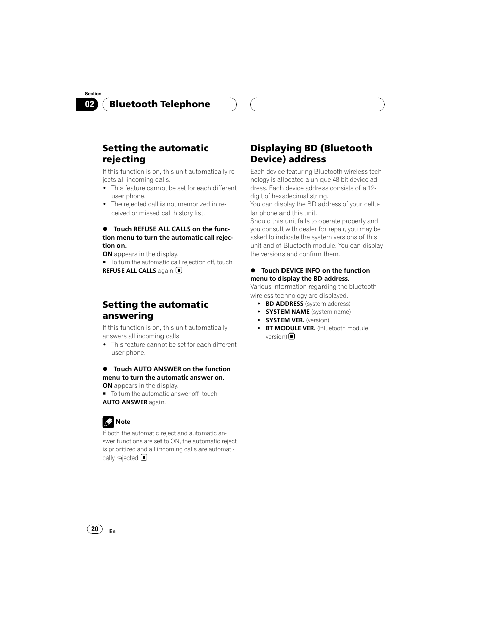 Setting the automatic rejecting, Setting the automatic answering, Displaying bd (bluetooth device) address | Bluetooth telephone | Pioneer CD-BTB100 User Manual | Page 20 / 44