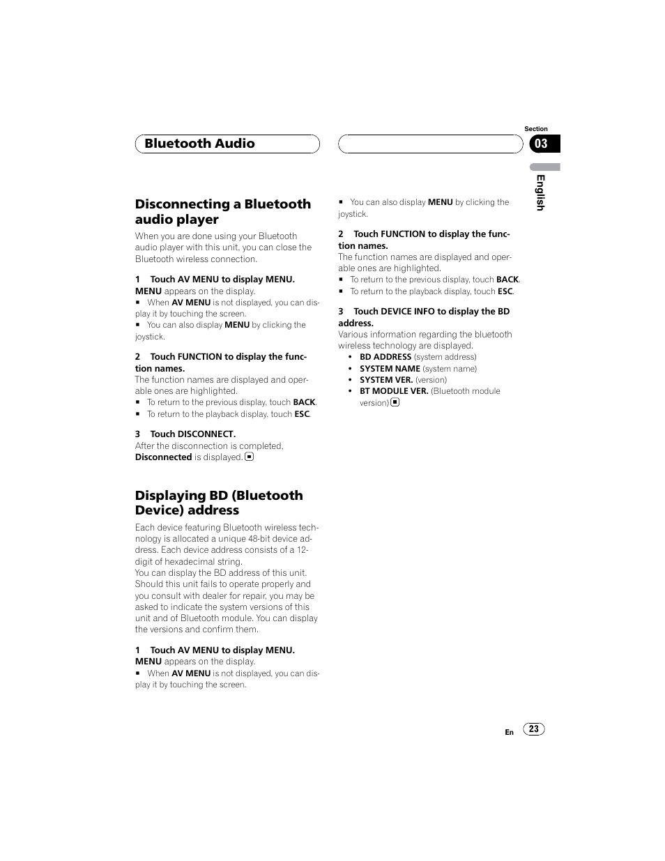 Disconnecting a bluetooth audio player, Displaying bd (bluetooth device) address, Bluetooth audio | Pioneer CD-BTB100 User Manual | Page 23 / 44