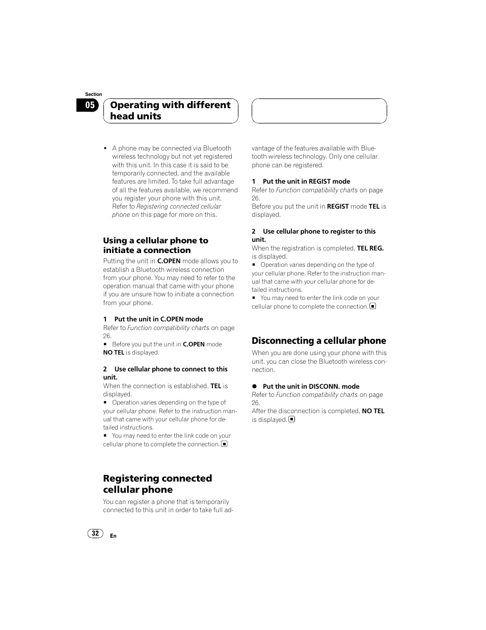 Registering connected cellular phone, Disconnecting a cellular phone, Operating with different head units | Pioneer CD-BTB100 User Manual | Page 32 / 44