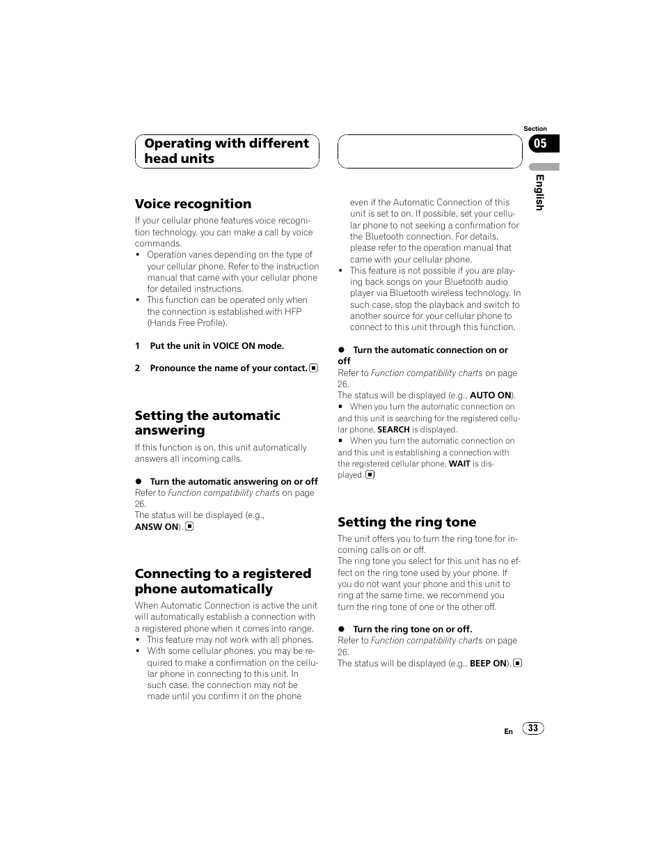 Voice recognition, Setting the automatic answering, Connecting to a registered phone automatically | Setting the ring tone, Operating with different head units | Pioneer CD-BTB100 User Manual | Page 33 / 44