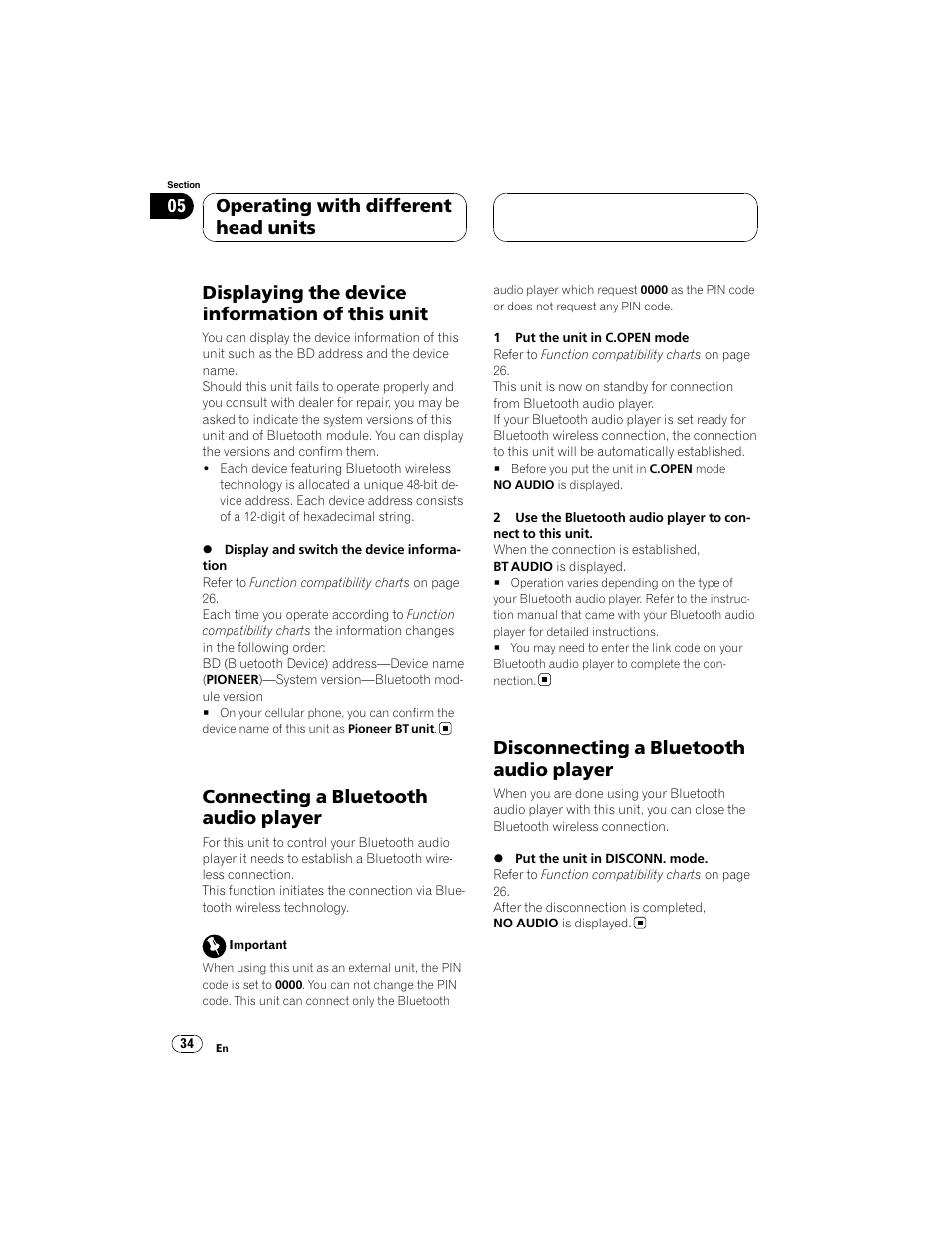 Displaying the device information of this unit, Connecting a bluetooth audio player, Disconnecting a bluetooth audio player | Operating with different head units | Pioneer CD-BTB100 User Manual | Page 34 / 44