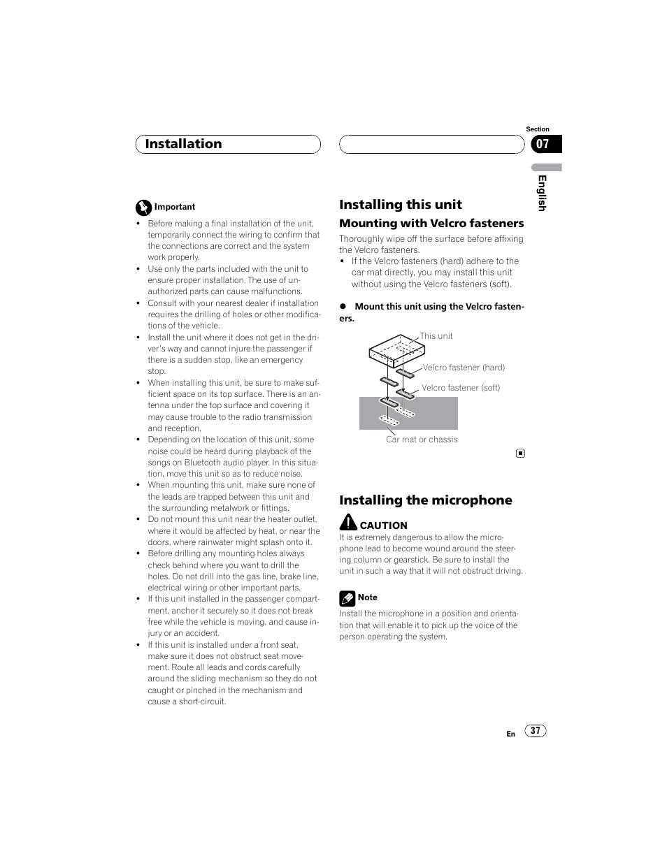 Installation, Installing this unit, Installing the microphone | Pioneer CD-BTB100 User Manual | Page 37 / 44