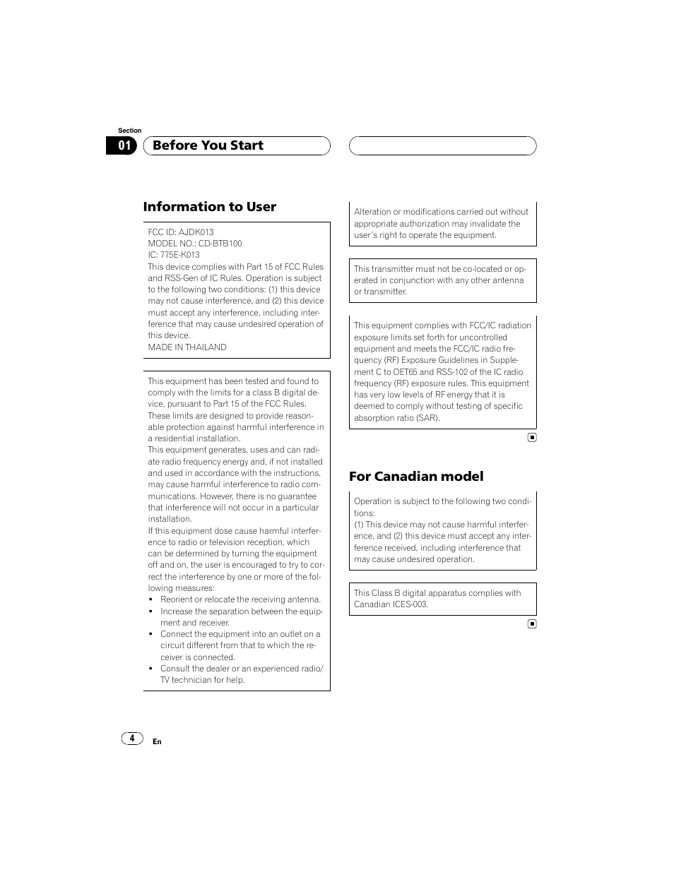 Information to user, For canadian model, Before you start | Pioneer CD-BTB100 User Manual | Page 4 / 44