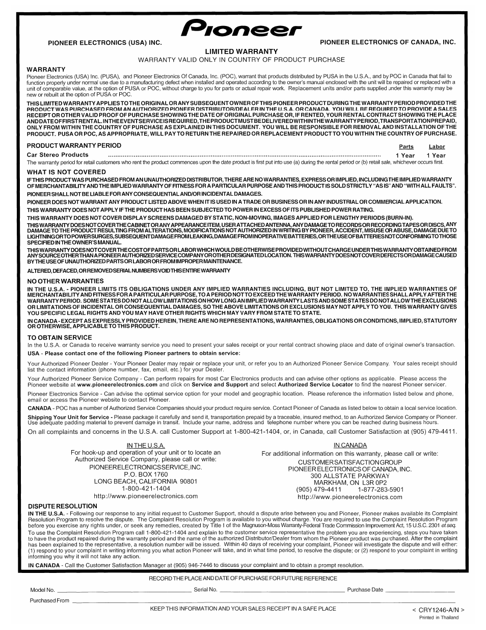 Warranty | Pioneer CD-BTB100 User Manual | Page 44 / 44