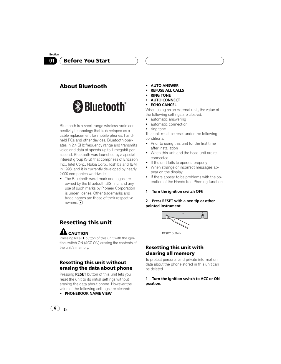 Reset, About bluetooth, Resetting this unit | Before you start | Pioneer CD-BTB100 User Manual | Page 6 / 44