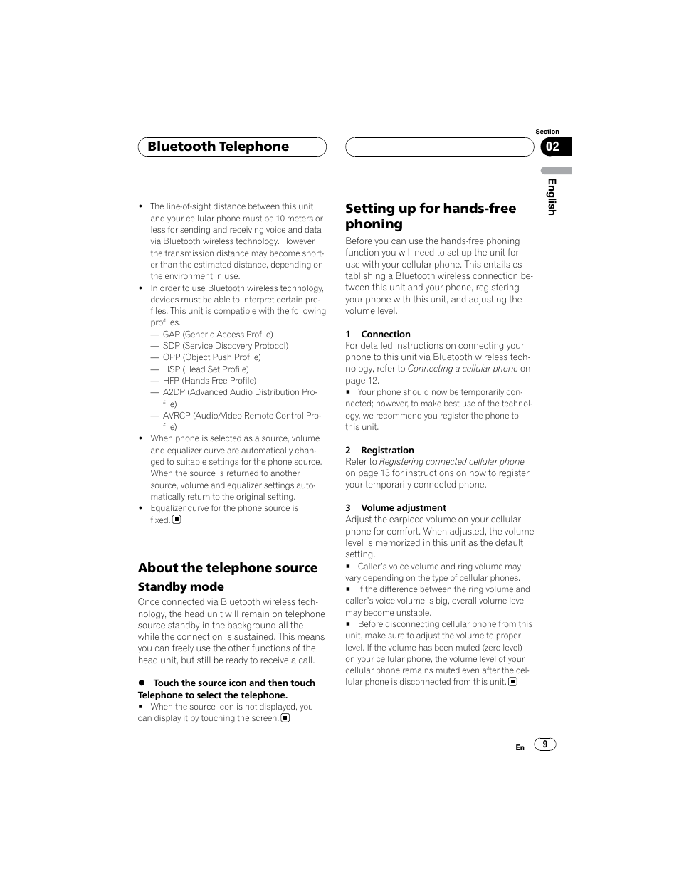 About the telephone source, Setting up for hands-free phoning, Bluetooth telephone | Pioneer CD-BTB100 User Manual | Page 9 / 44