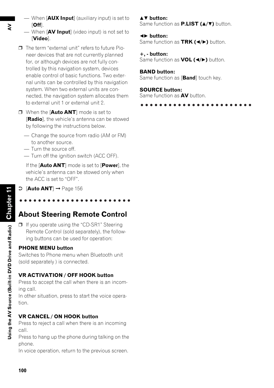 About steering remote control 100, About steering remote control, Ch ap te r1 1 | Pioneer AVIC-Z1 User Manual | Page 102 / 207