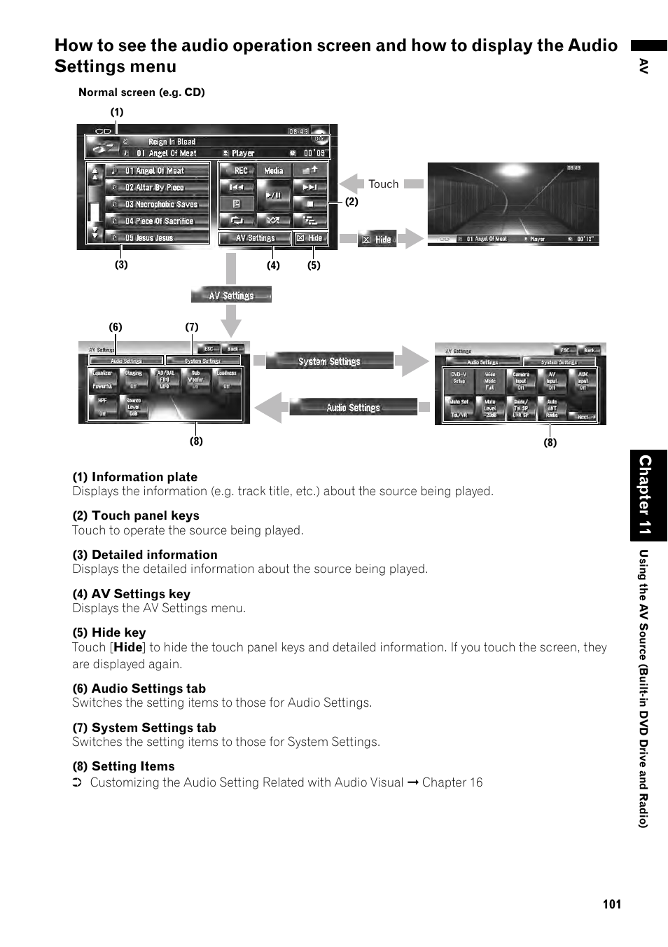 How to see the audio operation screen and how, To display the audio settings menu 101, Cha pt er 11 | Pioneer AVIC-Z1 User Manual | Page 103 / 207