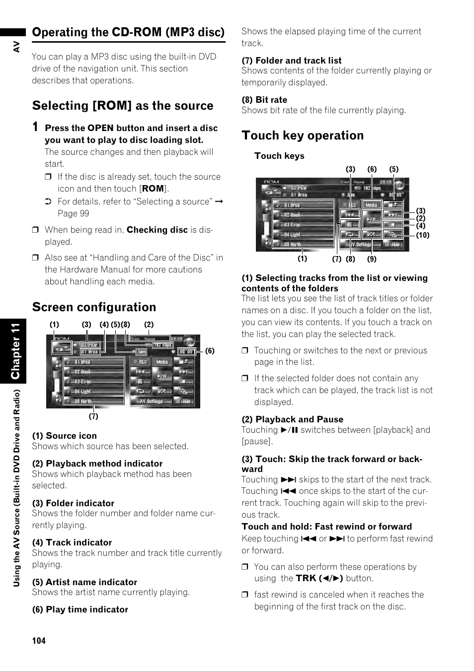 Operating the cd-rom (mp3 disc) 104, Operating the cd-rom (mp3 disc), Selecting [rom] as the source | Screen configuration, Touch key operation, Ch ap te r1 1 | Pioneer AVIC-Z1 User Manual | Page 106 / 207