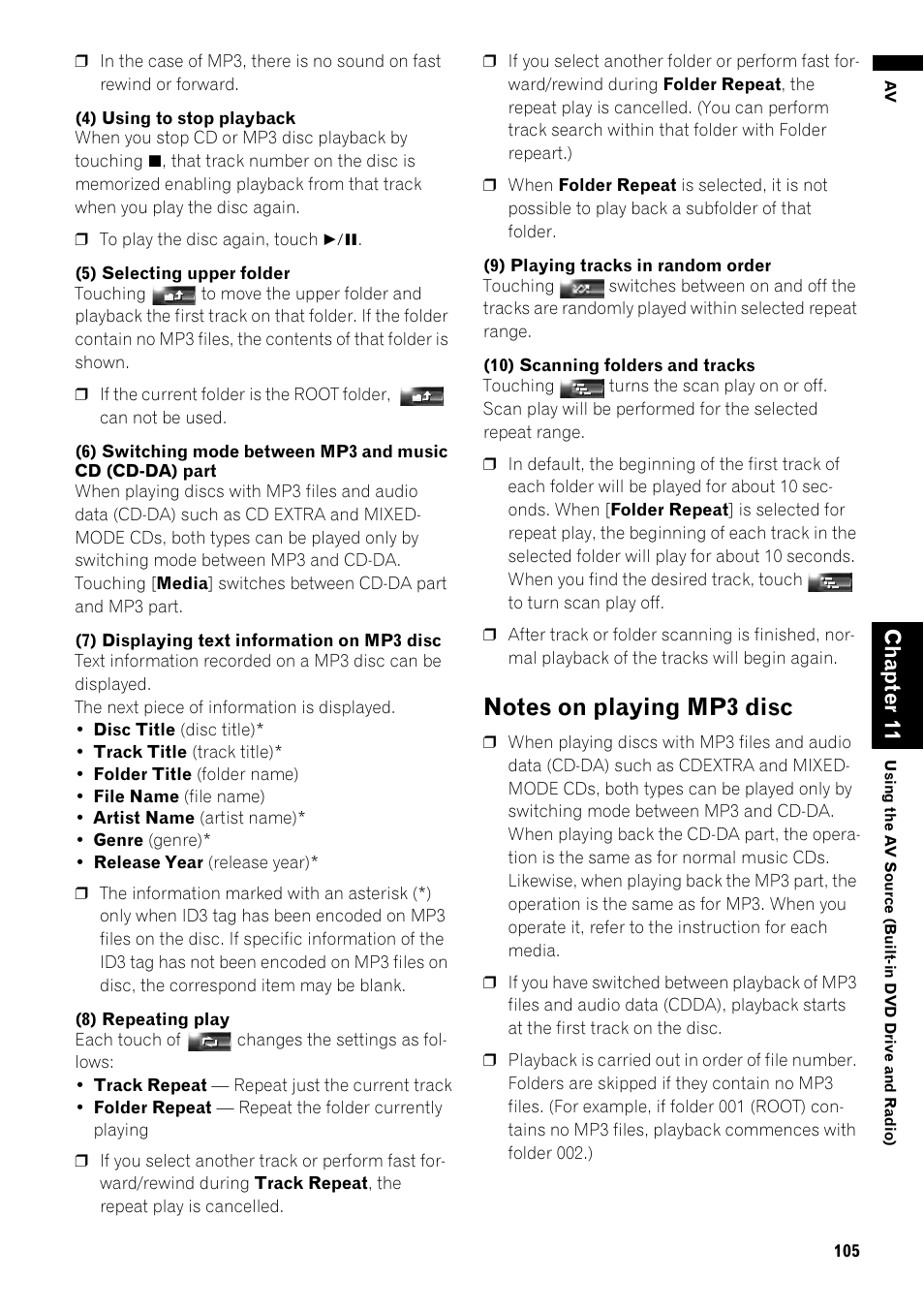 Notes on playing mp3 disc 105, Cha pt er 11 | Pioneer AVIC-Z1 User Manual | Page 107 / 207