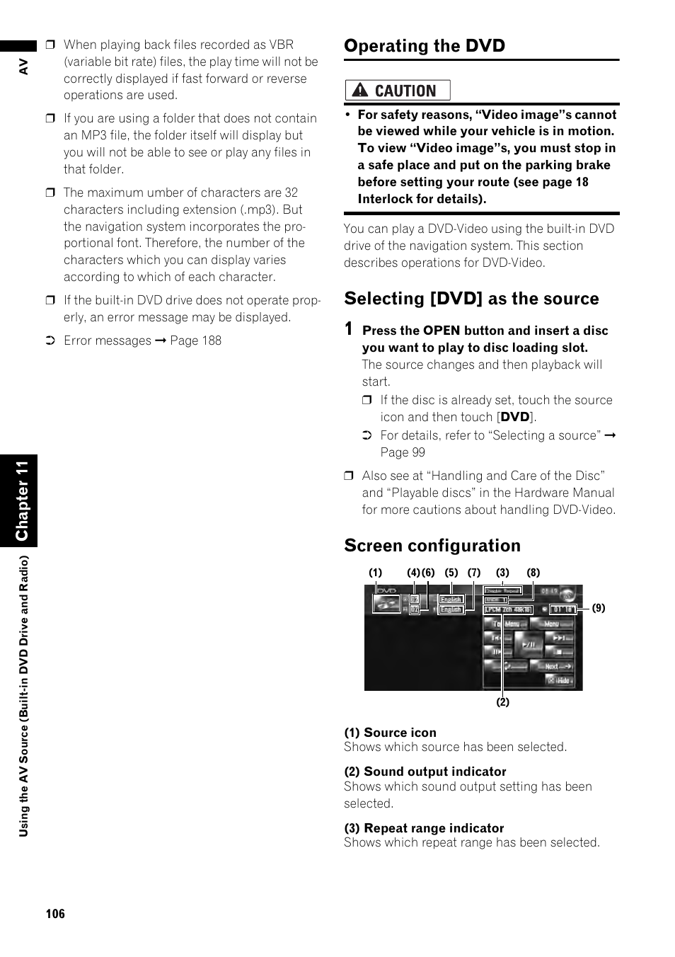 Operating the dvd 106, Operating the dvd, Selecting [dvd] as the source | Screen configuration, Ch ap te r1 1 | Pioneer AVIC-Z1 User Manual | Page 108 / 207