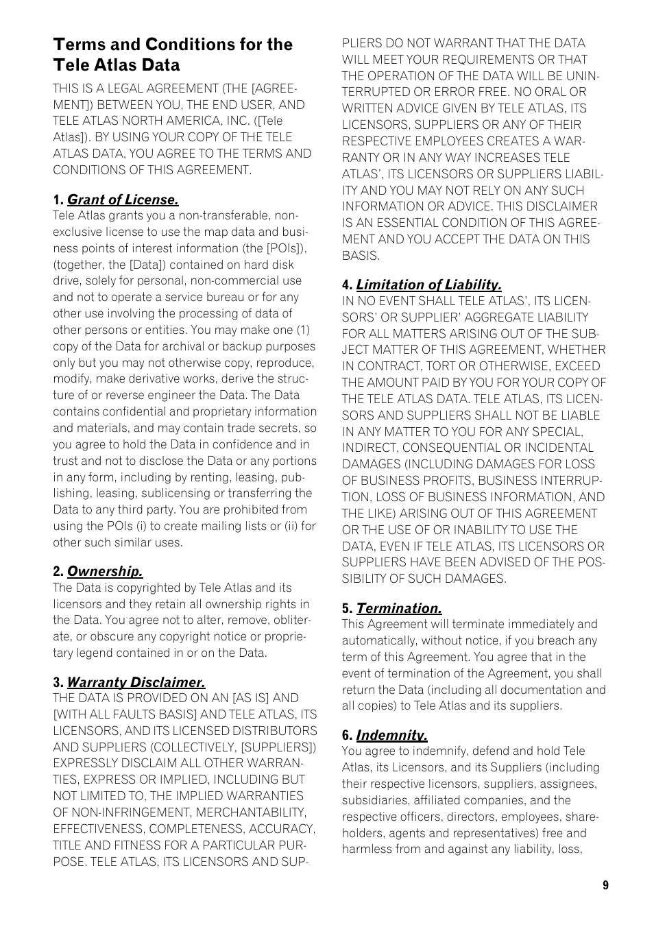 Terms and conditions for the tele atlas data | Pioneer AVIC-Z1 User Manual | Page 11 / 207
