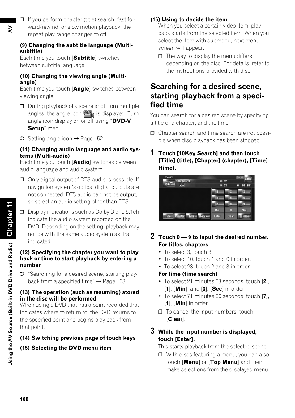 Searching for a desired scene, starting play, Back from a specified time 108, Ch ap te r1 1 | Pioneer AVIC-Z1 User Manual | Page 110 / 207