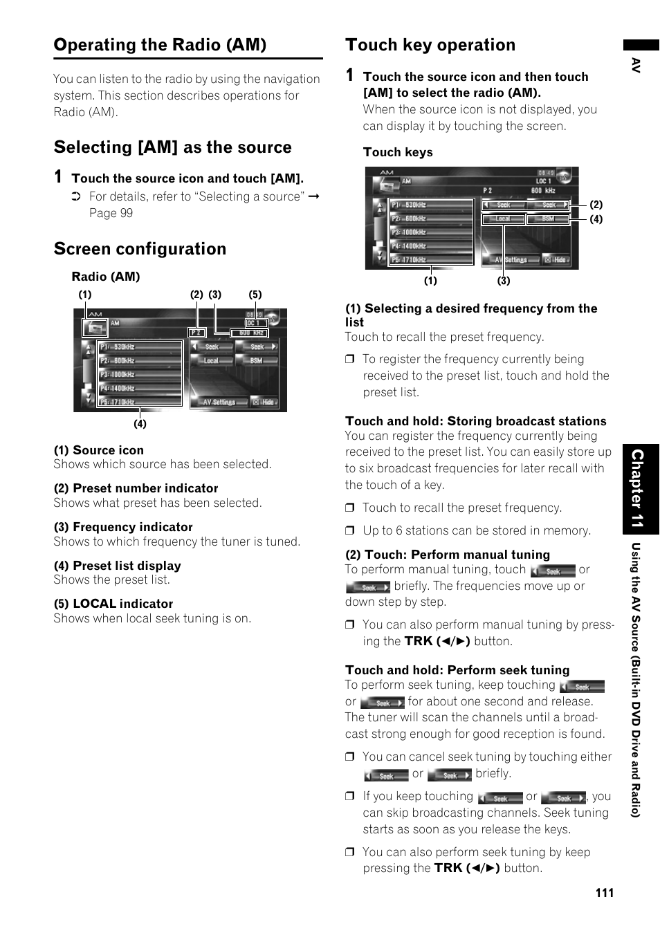 Operating the radio (am) 111, Operating the radio (am), Selecting [am] as the source | Screen configuration, Touch key operation, Cha pt er 11 | Pioneer AVIC-Z1 User Manual | Page 113 / 207